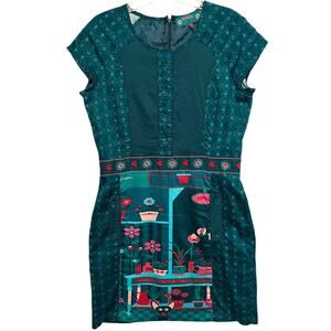 Rosalita McGee Sheath Dress Womens Medium Green Garden Cat Mixed Print Novelty